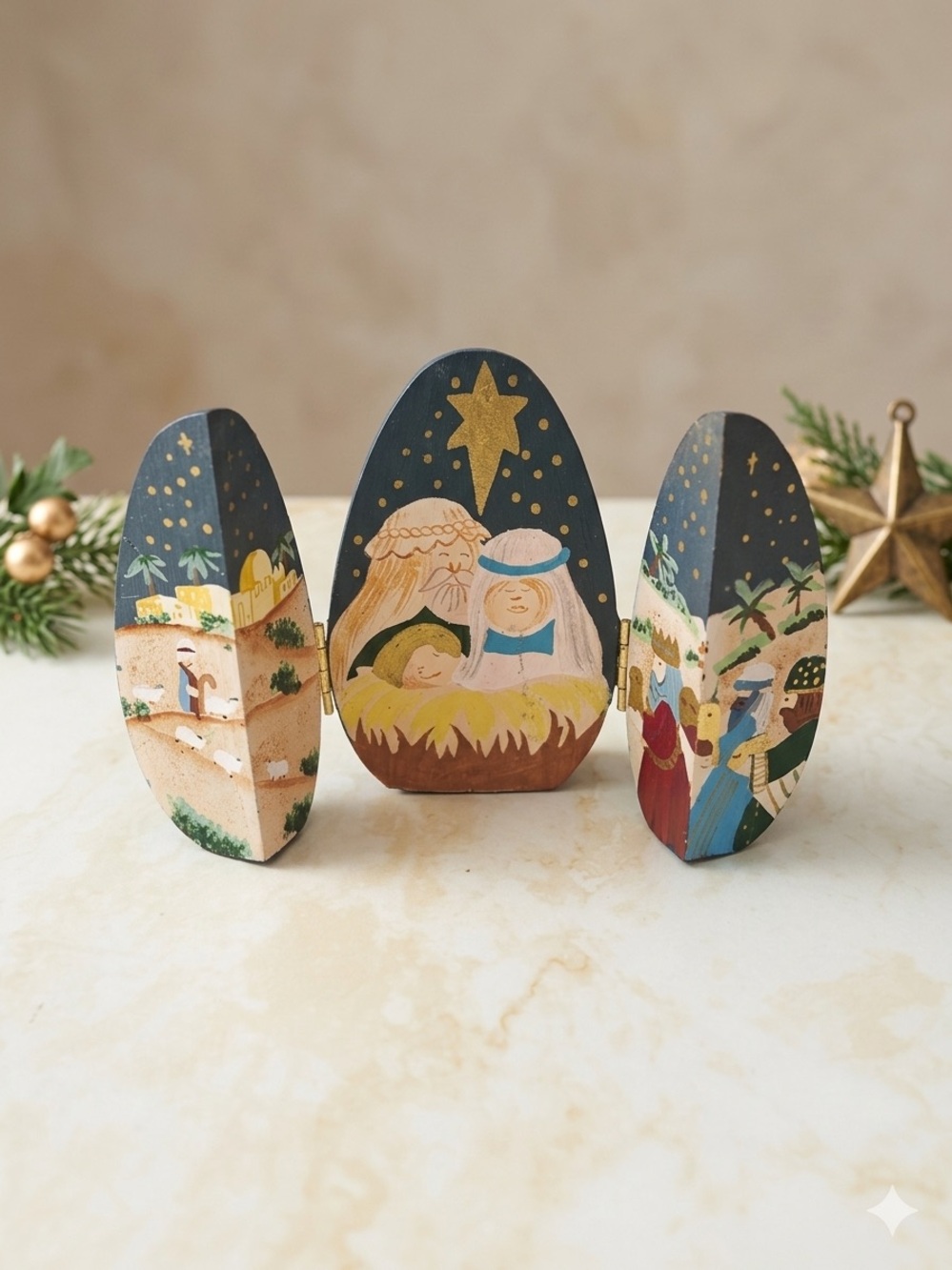 Hand-Painted Wooden Egg Triptych Nativity Scene